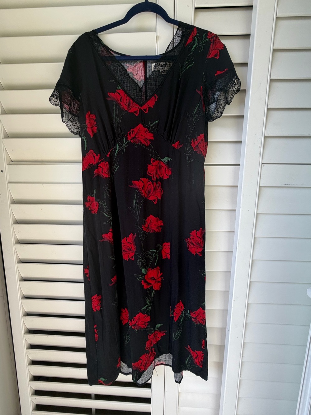 Idlewind Black Floral Midi Dress with Red Bloom Print